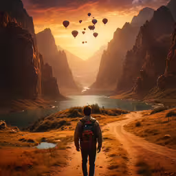 a person walks along a dirt road, carrying a backpack,there is a man walking up to his destination