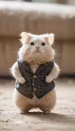 cat wearing jacket and vest standing in floor