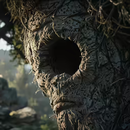a close up of a tree with an eye on it