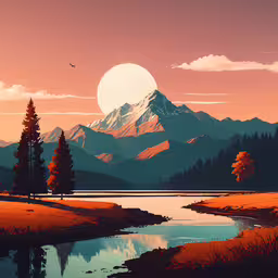 the mountain range is full of orange and pink colors,a scenic illustration of a mountain scene with a lake