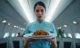woman holding plate with food on it inside a plane
