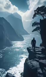 a lone man standing on a cliff by the water