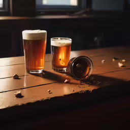 two glasses of beer sitting on top of a wooden table