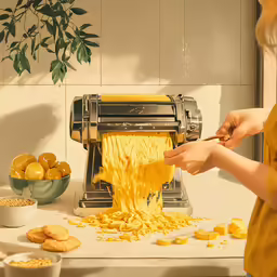 the woman is using the pasta maker to make her food