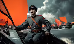 a man wearing uniform on a boat holding a flag