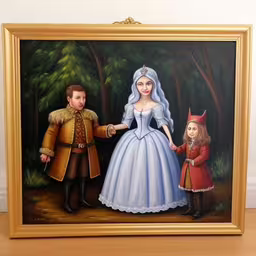 this painting features the bride and groom walking through the woods,a painting of a man and woman dressed as peter and princess