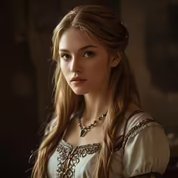 a woman is dressed in a costume and has long, elegant hair