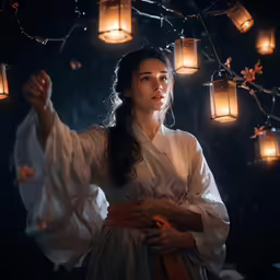 the girl with lantern is dressed in white