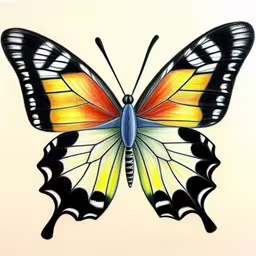 a painting of a butterfly with very long wings,a drawing of a butterfly with black stripes and orange markings,this drawing of a colorful butterfly is very detailed,the butterfly is orange, yellow and white,the butterfly has a black and yellow frame