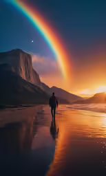 a rainbow on the horizon at night near a beach