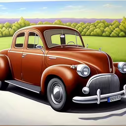 a painting of a car in front of a large green field,an old car sits in the middle of a road