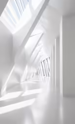 large white hallway with long, skinny beams