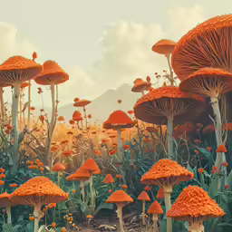 many bright orange mushrooms growing in the wild
