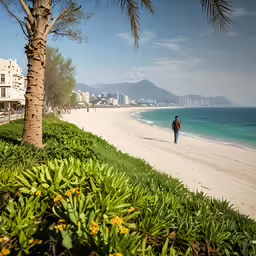 a man walks along the shore of a beach