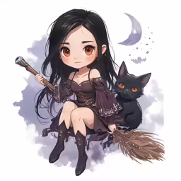 the character is sitting on a broom with her cat