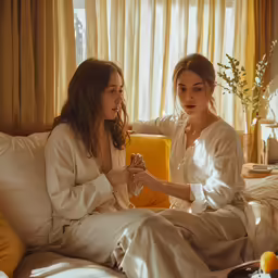 two women in robes, one with a glass of wine, on a bed