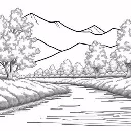 a line drawing of mountains and river with trees,black and white image of a river with trees