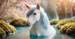a white horse with blue hair in a river