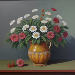 a painting of a large vase filled with colorful flowers,a painting of a vase full of flowers next to some strawberrys