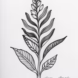 a drawing of a leaf on a white paper,a drawing of a leaf on a white paper,the sketch of a fern tree is on a piece of paper,this is a drawing of a plant with leaves,the ink drawing of leaves and flowers is one example that makes the image unique