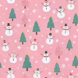 a pattern of snowman and trees with snowflakes