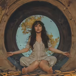 the woman sitting in a round object on the ground