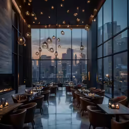 a room filled with furniture next to tall buildings