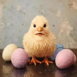 there is a stuffed chicken and three eggs on the table
