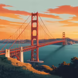 a painting shows the golden gate bridge