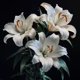 a bouquet of white lilies in front of a dark background