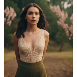 a young woman in a dress poses in front of some pink flowers