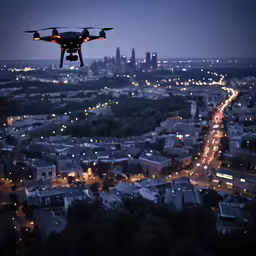 a photo of a city at night with a small plane flying over