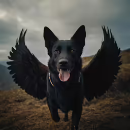 the large black dog is with his wings outstretched