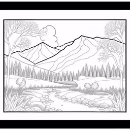 the scenery is very detailed and can be used as an art piece,a black and white landscape with mountains in the background