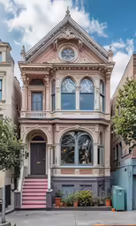 a large victorian style house with a pink staircase and two story entrance