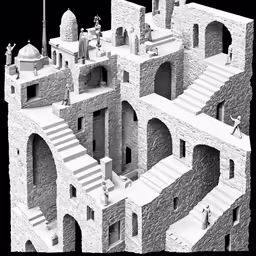 a 3d model of a building with stairs and buildings