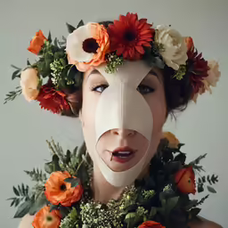 a woman is shown with a floral covering her face