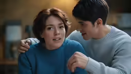 the man and woman are sitting together with one holding onto another