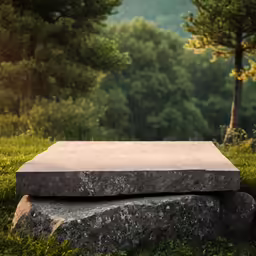 an empty gray stone slab sits in the grass