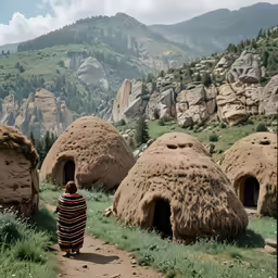 person standing at entrance to large thatched huts in field