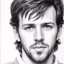 a black and white photo of a man with curly hair