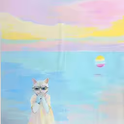 a white cat wearing sunglasses with blue eyes and pink body holding something in front of the painting,a picture with a cat and the sky above it