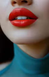 a close up view of a person with red lipstick