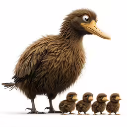 an adult dody stands amongst four small chicks