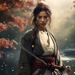 a woman in a kimono and holding a knife by flowers,a painting of an asian woman with a sword