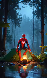 a man setting a campfire next to his tent,a person in a spider suit sits next to an open fire