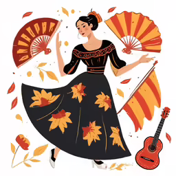 an illustration shows a woman in a long black dress with orange and yellow leaves