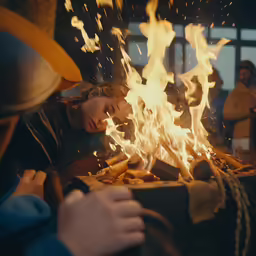 a fire being lit by two men, one is holding something