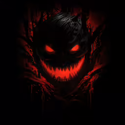 an evil demon with glowing red eyes, in the dark