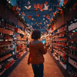 a girl standing in a store holding an umbrella